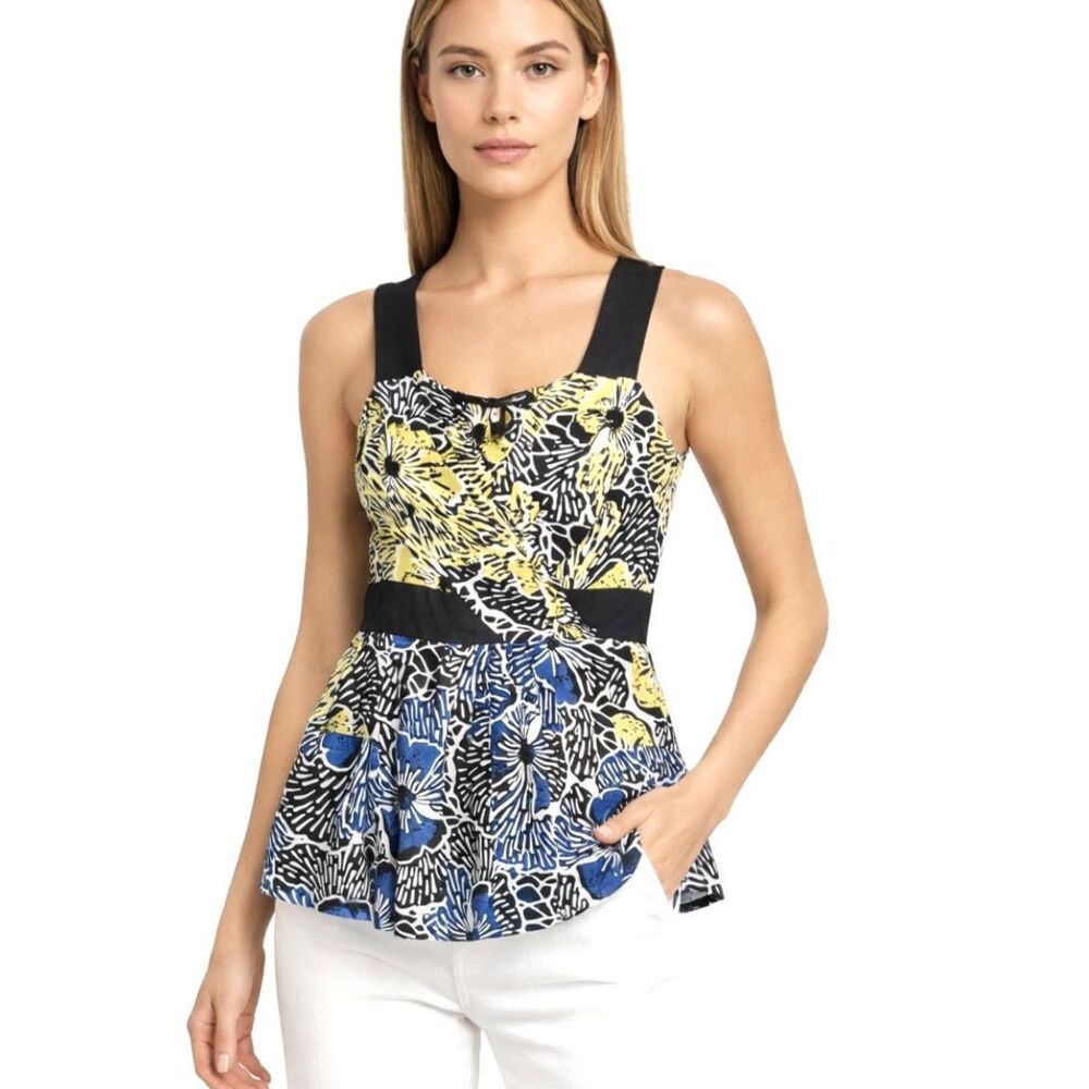BCBGMAXAZRIA 100% Silk Peplum Tank Top M Floral Y2K Art Deco Zip Back